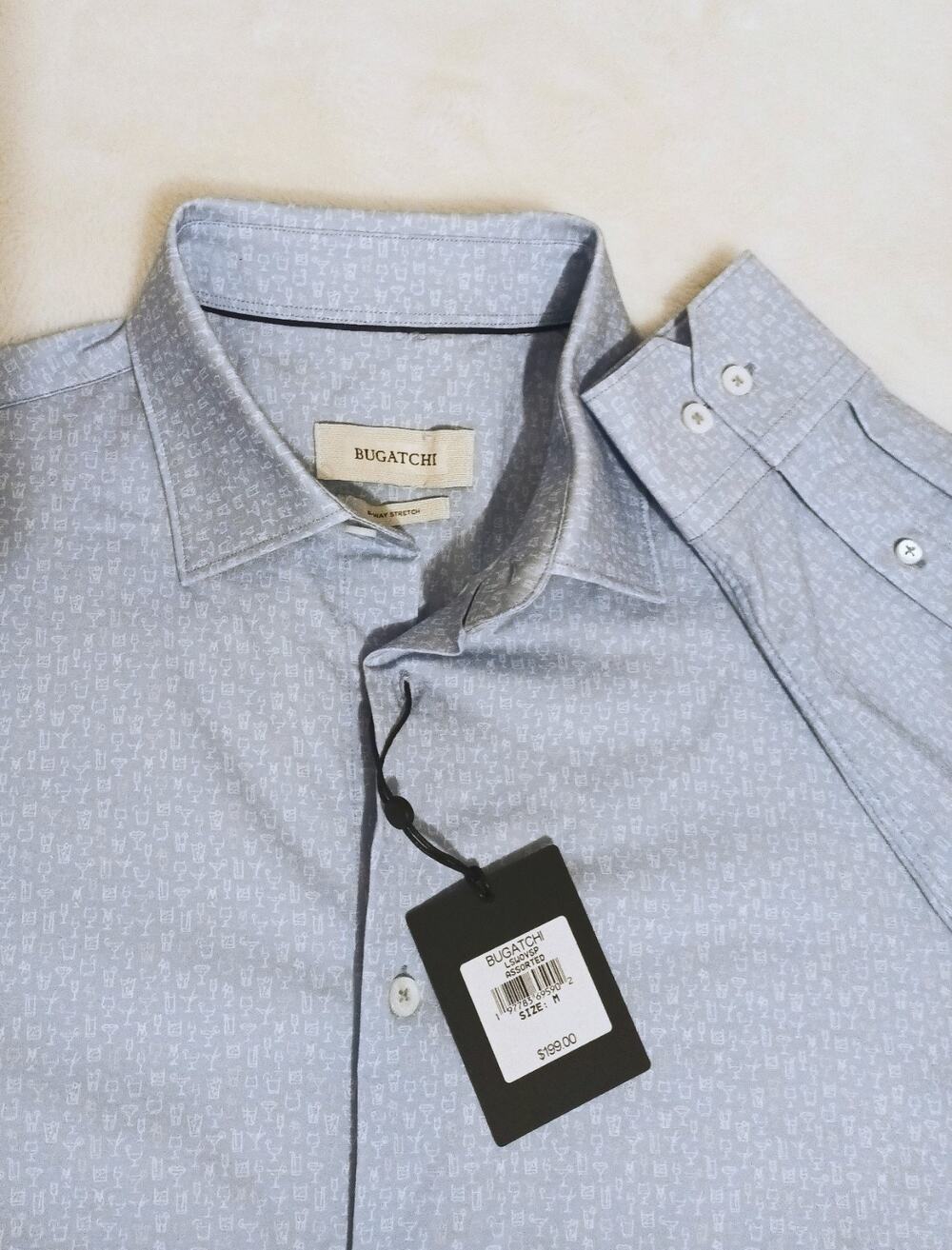 NWT Bugatchi OoohCotton Shirt Mens Medium Air Blue 8-Way Stretch Cocktail $199
